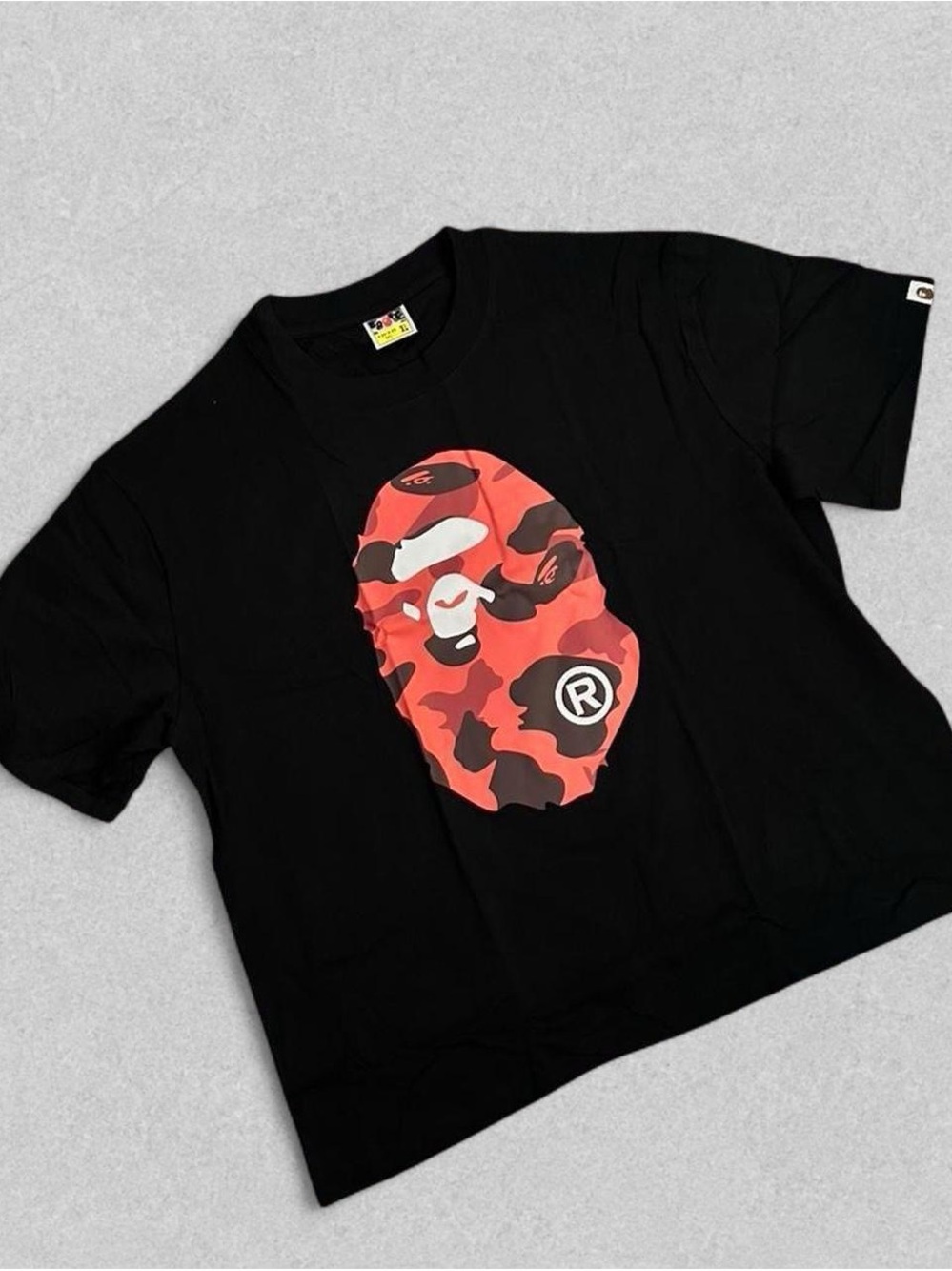 Bape Black Tee with Red Camo Ape Head Graphic